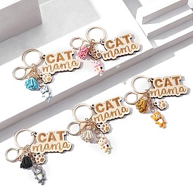 Wooden Keychains, Bag Purse Decorations, with Resin Cat Pendants