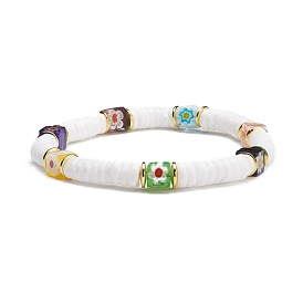 Natural White Shell Beads Stretch Bracelets, with Handmade Millefiori Glass Beads and Elastic Crystal Thread