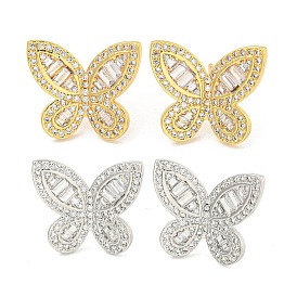 Rack Plating Brass Pave Clear Cubic Zirconia Stud Earring Finding, Cadmium Free & Lead Free, Long-Lasting Plated, Butterfly