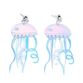 Acrylic Jellyfish Dangle Stud Earrings, Brass Long Drop Earrings for Women