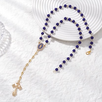 Синие круглые стеклянные четки, ожерелья с подвеской в виде креста из сплава девственницы