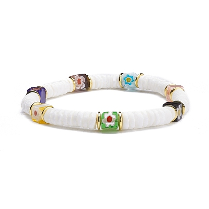 Natural White Shell Beads Stretch Bracelets, with Handmade Millefiori Glass Beads and Elastic Crystal Thread