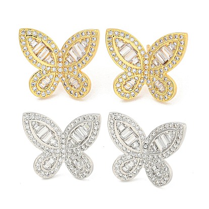 Rack Plating Brass Pave Clear Cubic Zirconia Stud Earring Finding, Cadmium Free & Lead Free, Long-Lasting Plated, Butterfly