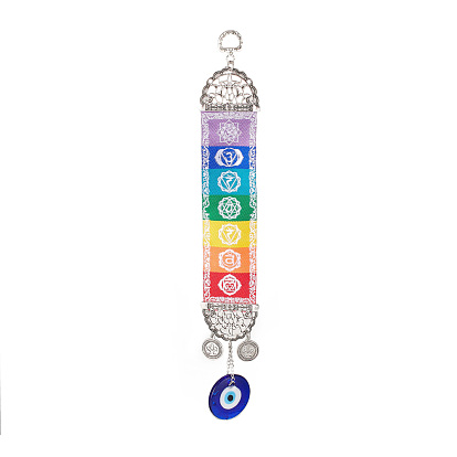 Handmade Lampwork Evil Eye Pendant Decorations, 7 Chakra Cloth Hanging Ornament, with Alloy Finding, for Meditation, Yoga, Home Decor