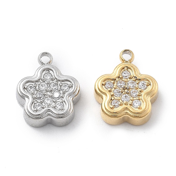 304 подвески из микро-паве из нержавеющей стали с фианитами, цветок, ионное покрытие (ip)