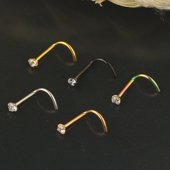 304 плоские круглые кольца для носа в форме рыбьего хвоста из нержавеющей стали с микропаве из прозрачного кубического циркония