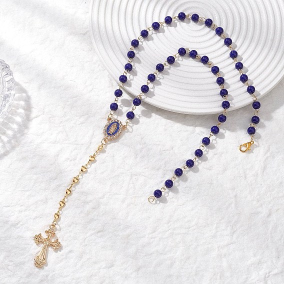 Синие круглые стеклянные четки, ожерелья с подвеской в виде креста из сплава девственницы