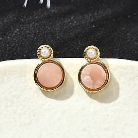 Плоские круглые латунные серьги-гвоздики, с имитацией жемчужины и ракушки из АБС-пластика, без кадмия и без свинца, долговечный, стойки покрытие