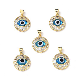 Real 18K Gold Plated Brass Clear Cubic Zirconia Pendants, Flat Round with Lampwork Evil Eye Charms, Lead Free & Cadmium free