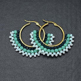 304 Stainless Steel Hoop Earrings, Beaded Hoop Earrings, with Glass Beads, Fan, Golden