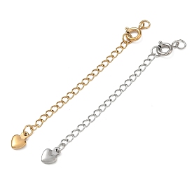 304 Stainless Steel Curb Chain Extender, End Chains with Spring Ring Clasps & Heart Charms