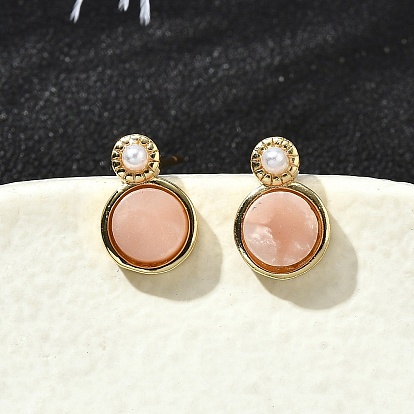 Плоские круглые латунные серьги-гвоздики, с имитацией жемчужины и ракушки из АБС-пластика, без кадмия и без свинца, долговечный, стойки покрытие