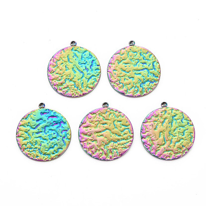 201 Stainless Steel Pendants, Textured, Flat Round