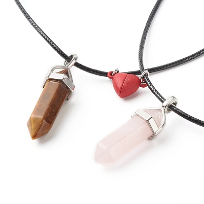 Natural Tiger Eye & Rose Quartz Double Terminated Pointed Pendants Necklaces Set for Couples Best Friends, Magnetic Heart Alloy Clasps Necklaces