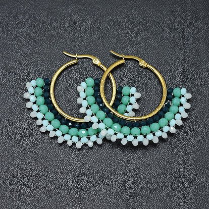 304 Stainless Steel Hoop Earrings, Beaded Hoop Earrings, with Glass Beads, Fan, Golden