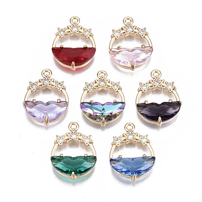 Faceted Transparent Glass Pendants, with Brass Crystal Rhinestone Findings, Flat Round with Star, Light Gold