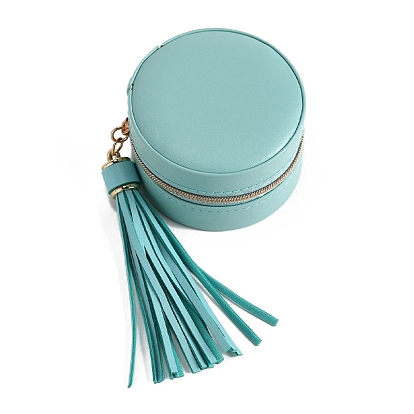 Round PU Imitation Leather Jewelry Storage Zipper Boxes, Portable Travel Case with Tassel, for Necklace, Ring Earring Holder, Gift for Women