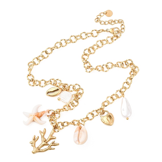 304 Женские подвески в форме коралла из нержавеющей стали, ракушек из смолы и пластиковой имитации жемчуга, ионное покрытие (ip), цвет морской раковины