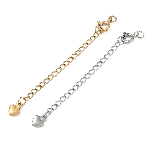 304 Stainless Steel Curb Chain Extender, End Chains with Spring Ring Clasps & Heart Charms