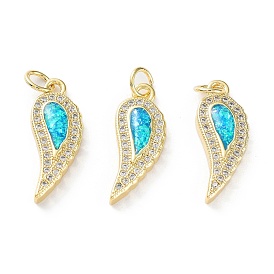 Rack Plating Brass Micro Pave Cubic Zirconia Pendants, Synthetic Opal Angel Wing Charms with Jump Ring, Cadmium Free & Lead Free, Long-Lasting Plated, Real 18K Gold Plated
