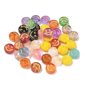 Baking Paint Mixed Styles Glass Beads, Golden Metal Enlaced, Flat Round with Smling Face