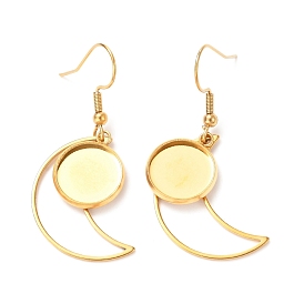 201 Stainless Steel Earring Hooks, with Flat Round Cabochon Settings, Moon