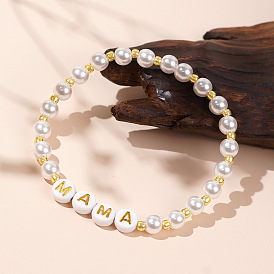 Chic Minimalist Plastic Imitation Pearl and Acrylic Letter Beaded Stretch Bracelets for Mother's Day Gift, Word Mama