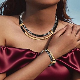 Комплект из ожерелья и браслета из сплава полиэстера, черного и белого цвета., Модные украшения для женщин с золотистыми акцентами, регулируемые.