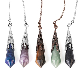 Natural & Synthetic Mixed Gemstone Dowsing Pendulum Big Pendants, with Metal Cone, Hexagonal Cone Charm