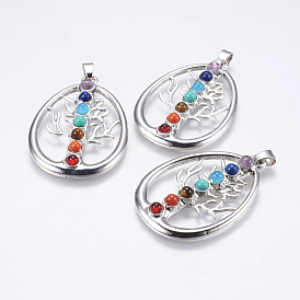 Alloy Pendants, with Mixed Gemstone Beads, Teardrop with Tree