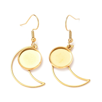 201 Stainless Steel Earring Hooks, with Flat Round Cabochon Settings, Moon