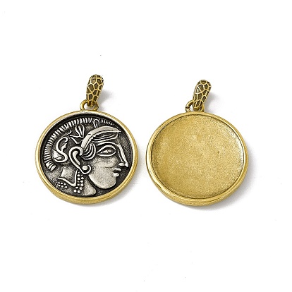 Rack Plating Brass Pendants, Cadmium Free & Lead Free & Nickle Free, Flat Round with Greece Coin Charm