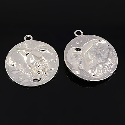 Tibetischer stil Aluminium Anhänger & Charms, Bleifrei und cadmium frei, flach rund mit Elefantenkopf