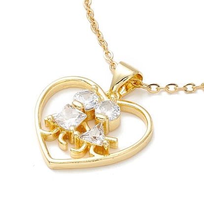Clear Cubic Zirconia Heart with Couples Pendant Necklace, 304 Stainless Steel Jewelry for Women