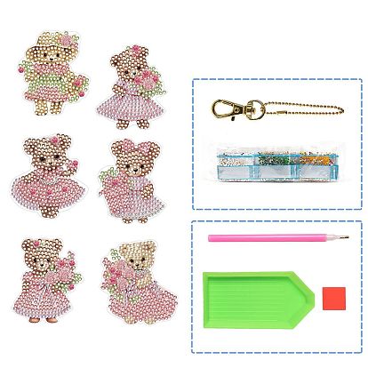 6Pcs Bear DIY Diamond Painting Keychain Kit, Including Resin Rhinestones Bag, Diamond Sticky Pen, Tray Plate and Glue Clay