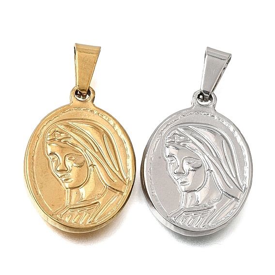 304 Stainless Steel Pendants, with 201 Stainless Steel Snap On Bails, Oval with Virgin Mary Charms