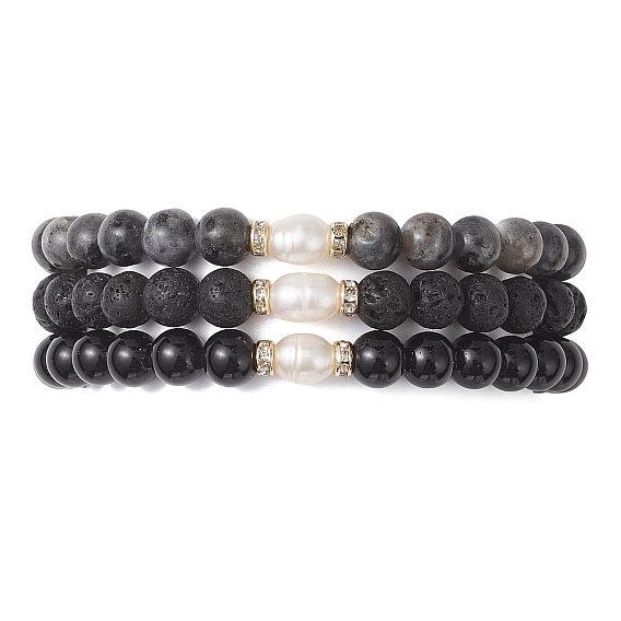 3Шт. Женские браслеты из круглых бусин натурального ларвикита, лавового камня и обсидиана, с натуральным культивированным пресноводным жемчугом
