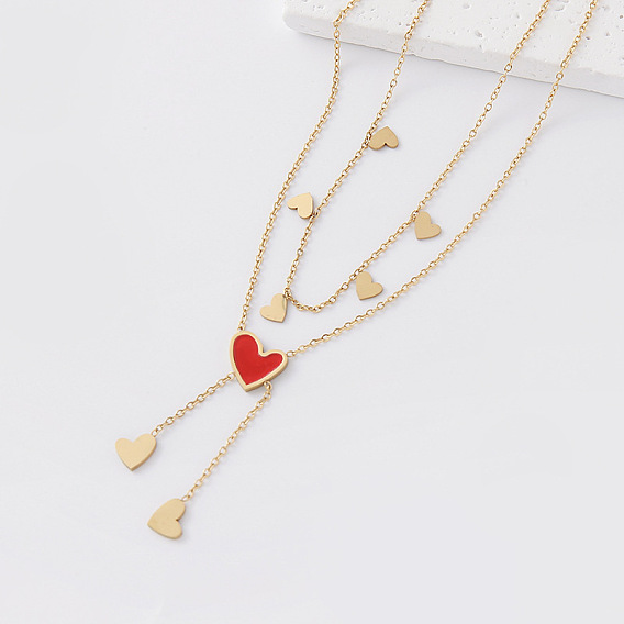 Elegant 304 Stainless Steel Resin Pendant Double Layer Necklaces for Women, Golden
