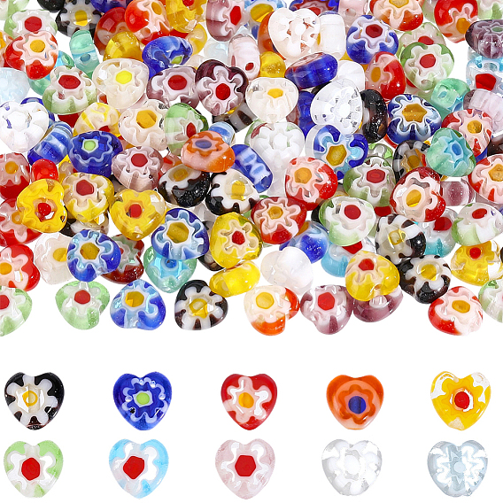 180pcs perles de verre millefiori faites à la main, cœur