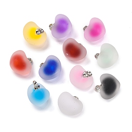 Frosted Resin Heart Pendants, Ball inner Charms with Platinum Plated Alloy Loops