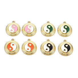 Placage de crémaillère pendentifs en émail en alliage d'or léger, sans cadmium et sans plomb, plat et circulaire avec yin yang