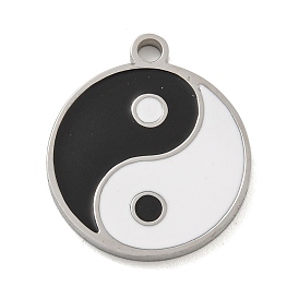 316 Surgical Stainless Steel Enamel Pendants, Flat Round with Yin-yang Charm, Black & White