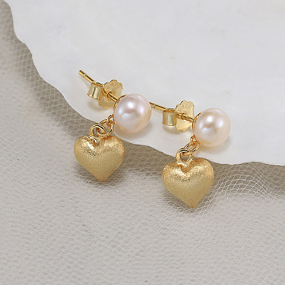 925 Sterling Silver Heart Dangle Stud Earrings, with Natural Pearl, with S925 Stamp