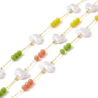 Handmade Eco-friendly Brass Cable Chain, with CCB Butterfly & Glass Round Beaded, Long-Lasting Plated, Golden, Soldered, with Spool