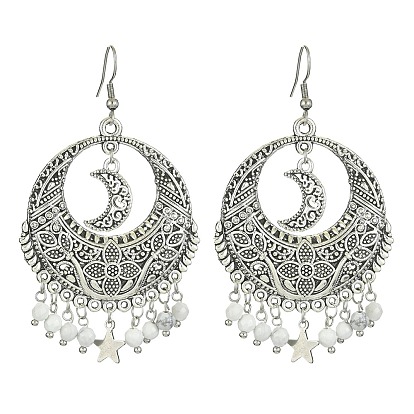 Natural Howlite Beaded Chandelier Earrings, Alloy Flat Flat Round Earrings with 304 Stainless Steel Pins