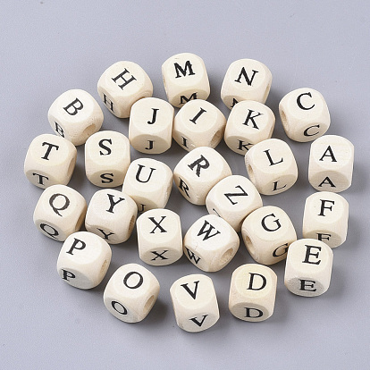 Printed Natural Schima Wood Beads, Horizontal Hole, Cube with Initial Letter, PapayaWhip, Lead Free