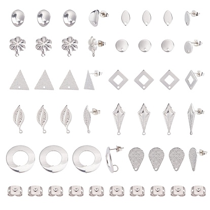 40Pcs 10 Styles 304 Stainless Steel Stud Earring Findings, Ear Nuts/Earring Backs, Mixed Shapes