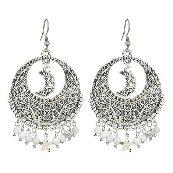 Natural Howlite Beaded Chandelier Earrings, Alloy Flat Flat Round Earrings with 304 Stainless Steel Pins