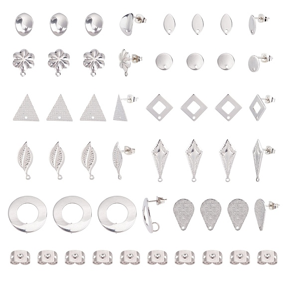40Pcs 10 Styles 304 Stainless Steel Stud Earring Findings, Ear Nuts/Earring Backs, Mixed Shapes