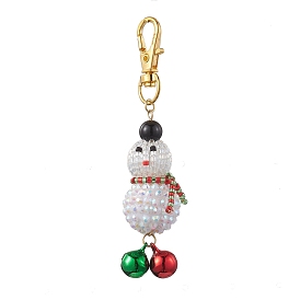 Christmas Snowman Resin Rhinestone & Glass Seed Beads Pendant Decorations, Lobster Claw Clasps and Brass Bell Charms for Bag Ornaments
